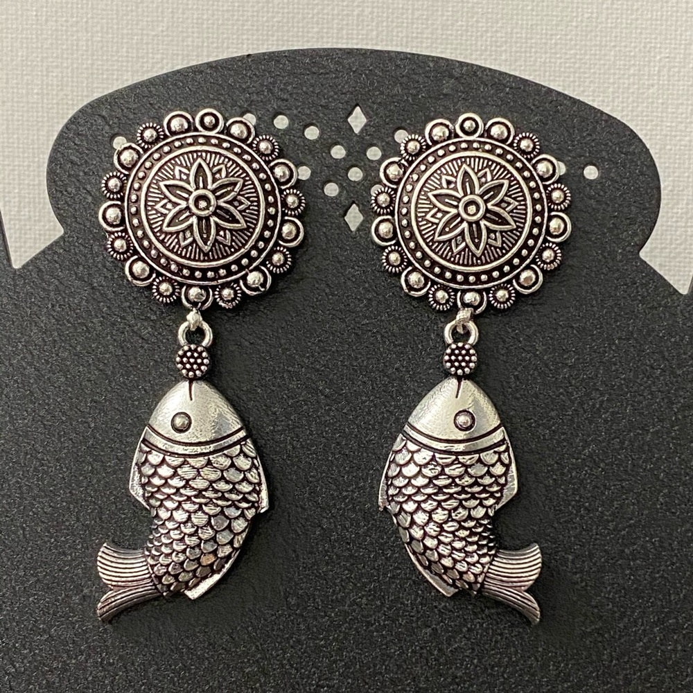 Pisces Fish Oxidized Silver Jhumka Earrings - Picture 3 of 5